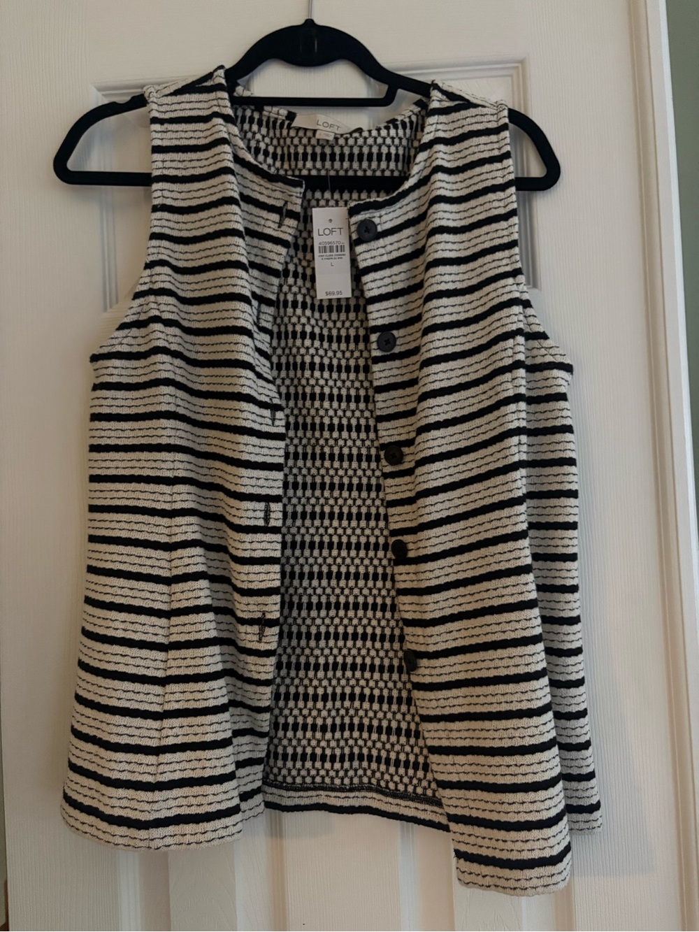 LOFT Black and Cream Striped Sleeveless Jacket Vest